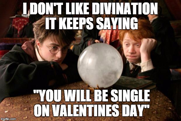 Harry Potter meme | I DON'T LIKE DIVINATION IT KEEPS SAYING; "YOU WILL BE SINGLE ON VALENTINES DAY" | image tagged in harry potter meme | made w/ Imgflip meme maker