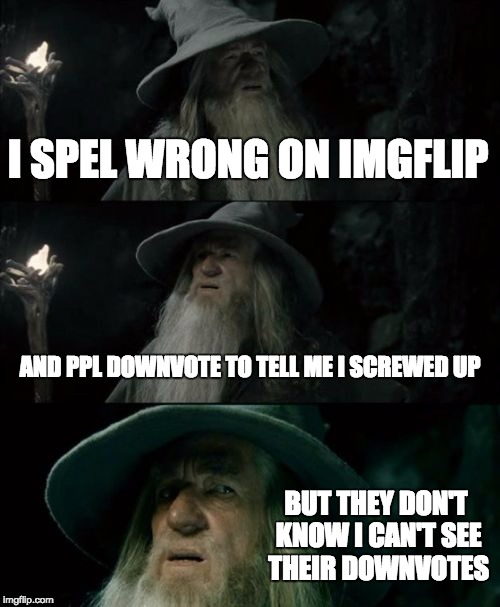 Confused Gandalf Meme | I SPEL WRONG ON IMGFLIP; AND PPL DOWNVOTE TO TELL ME I SCREWED UP; BUT THEY DON'T KNOW I CAN'T SEE THEIR DOWNVOTES | image tagged in memes,confused gandalf | made w/ Imgflip meme maker