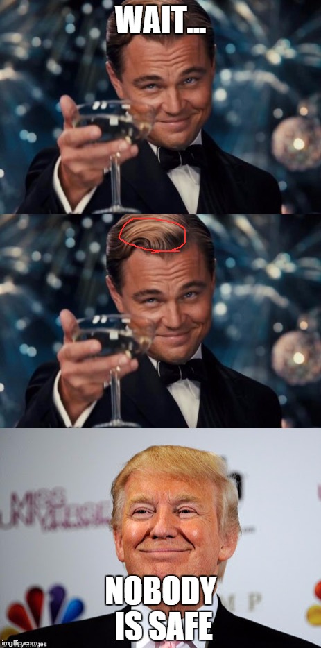Leonardo D. can be rearranged into Re-Doland | WAIT... NOBODY IS SAFE | image tagged in leonardo dicaprio cheers,donald trump,conspiracy,not safe,hair,meme | made w/ Imgflip meme maker