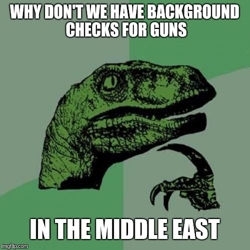 Philosoraptor | WHY DON'T WE HAVE BACKGROUND CHECKS FOR GUNS; IN THE MIDDLE EAST | image tagged in memes,philosoraptor,donald trump,gun control,isis joke,funny | made w/ Imgflip meme maker