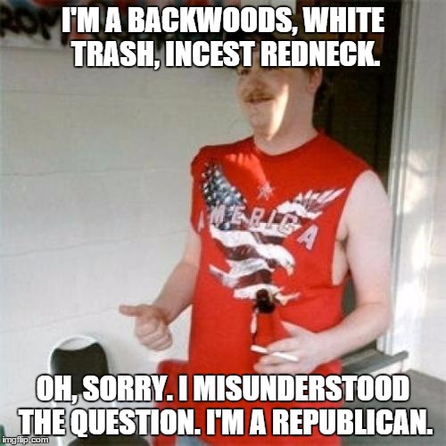 What's your political affiliation?   | I'M A BACKWOODS, WHITE TRASH, INCEST REDNECK. OH, SORRY. I MISUNDERSTOOD THE QUESTION. I'M A REPUBLICAN. | image tagged in memes,redneck randal | made w/ Imgflip meme maker