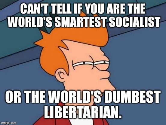 It's all relative | CAN'T TELL IF YOU ARE THE WORLD'S SMARTEST SOCIALIST; OR THE WORLD'S DUMBEST LIBERTARIAN. | image tagged in futurama fry,libertarian,socialist,intelligence | made w/ Imgflip meme maker