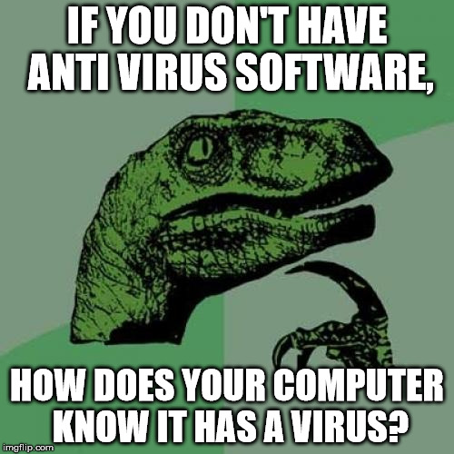 Philosoraptor Meme | IF YOU DON'T HAVE ANTI VIRUS SOFTWARE, HOW DOES YOUR COMPUTER KNOW IT HAS A VIRUS? | image tagged in memes,philosoraptor | made w/ Imgflip meme maker
