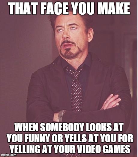 Face You Make Robert Downey Jr | THAT FACE YOU MAKE; WHEN SOMEBODY LOOKS AT YOU FUNNY OR YELLS AT YOU FOR YELLING AT YOUR VIDEO GAMES | image tagged in memes,face you make robert downey jr | made w/ Imgflip meme maker