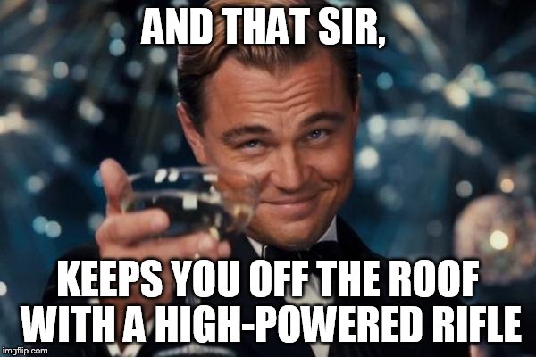 Leonardo Dicaprio Cheers Meme | AND THAT SIR, KEEPS YOU OFF THE ROOF WITH A HIGH-POWERED RIFLE | image tagged in memes,leonardo dicaprio cheers | made w/ Imgflip meme maker
