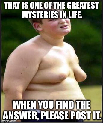 fat kid | THAT IS ONE OF THE GREATEST MYSTERIES IN LIFE. WHEN YOU FIND THE ANSWER, PLEASE POST IT. | image tagged in fat kid | made w/ Imgflip meme maker