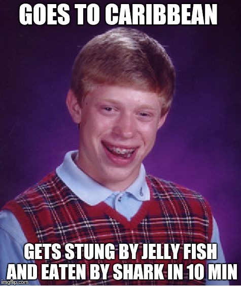 Why he hates the Caribbean  | GOES TO CARIBBEAN; GETS STUNG BY JELLY FISH AND EATEN BY SHARK IN 10 MIN | image tagged in memes,bad luck brian | made w/ Imgflip meme maker