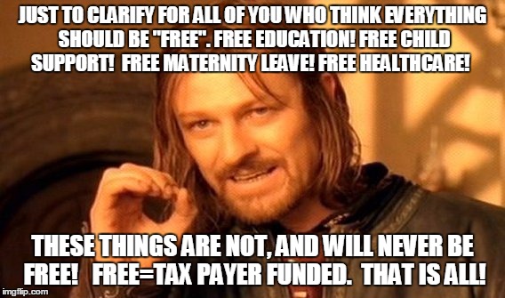 One Does Not Simply Meme | JUST TO CLARIFY FOR ALL OF YOU WHO THINK EVERYTHING SHOULD BE "FREE". FREE EDUCATION! FREE CHILD SUPPORT!  FREE MATERNITY LEAVE! FREE HEALTHCARE! THESE THINGS ARE NOT, AND WILL NEVER BE FREE!  
FREE=TAX PAYER FUNDED.
 THAT IS ALL! | image tagged in memes,one does not simply | made w/ Imgflip meme maker