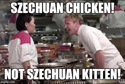 Angry Chef Gordon Ramsay Meme | SZECHUAN CHICKEN! NOT SZECHUAN KITTEN! | image tagged in memes,angry chef gordon ramsay | made w/ Imgflip meme maker