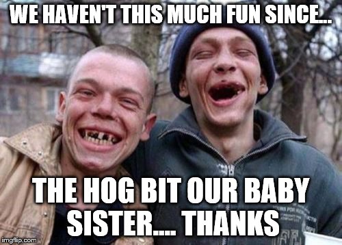 Ugly Twins - we're having a great time
 | WE HAVEN'T THIS MUCH FUN SINCE... THE HOG BIT OUR BABY SISTER.... THANKS | image tagged in memes,ugly twins,hog,baby,sister,thanks | made w/ Imgflip meme maker