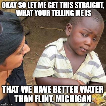 Third World Skeptical Kid | OKAY SO LET ME GET THIS STRAIGHT, WHAT YOUR TELLING ME IS; THAT WE HAVE BETTER WATER THAN FLINT, MICHIGAN | image tagged in memes,third world skeptical kid | made w/ Imgflip meme maker