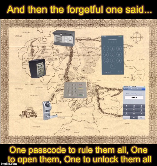 Lord of the Rings | And then the forgetful one said... One passcode to rule them all, One to open them, One to unlock them all | image tagged in memes,lord of the rings,ring,password,lock,one does not simply | made w/ Imgflip meme maker