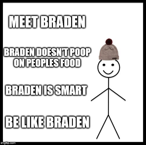 Be Like Bill Meme | MEET BRADEN; BRADEN DOESN'T POOP ON PEOPLES FOOD; BRADEN IS SMART; BE LIKE BRADEN | image tagged in memes,be like bill | made w/ Imgflip meme maker