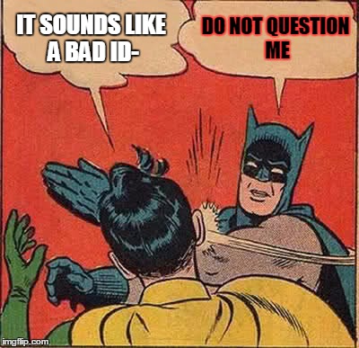 Batman Slapping Robin | IT SOUNDS LIKE A BAD ID-; DO NOT QUESTION ME | image tagged in memes,batman slapping robin | made w/ Imgflip meme maker