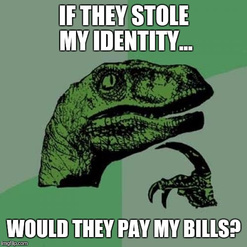 Philosoraptor Meme | IF THEY STOLE MY IDENTITY... WOULD THEY PAY MY BILLS? | image tagged in memes,philosoraptor | made w/ Imgflip meme maker
