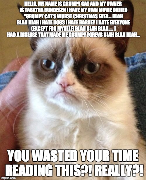 Grumpy Cat Meme | HELLO, MY NAME IS GRUMPY CAT AND MY OWNER IS TABATHA BUNDESEN I HAVE MY OWN MOVIE CALLED "GRUMPY CAT'S WORST CHRISTMAS EVER... BLAH BLAH BLAH I HATE DOGS I HATE BARNEY I HATE EVERYONE (EXCEPT FOR MYSELF) BLAH BLAH BLAH..... I HAD A DISEASE THAT MADE ME GRUMPY FOREVS BLAH BLAH BLAH... YOU WASTED YOUR TIME READING THIS?! REALLY?! | image tagged in memes,grumpy cat | made w/ Imgflip meme maker