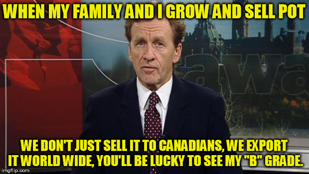 When I | WHEN MY FAMILY AND I GROW AND SELL POT; WE DON'T JUST SELL IT TO CANADIANS, WE EXPORT IT WORLD WIDE, YOU'LL BE LUCKY TO SEE MY "B" GRADE. | image tagged in family business,alan rock,political,captain obvious | made w/ Imgflip meme maker