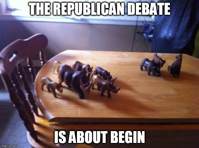 Republican debates | THE REPUBLICAN DEBATE; IS ABOUT BEGIN | image tagged in rhinos,clown car republicans | made w/ Imgflip meme maker
