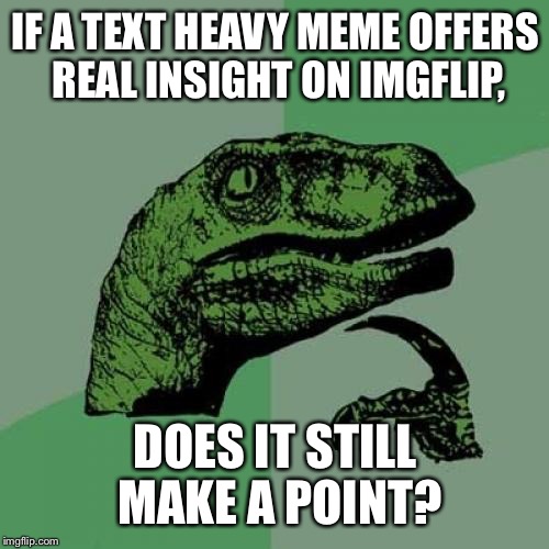 Philosoraptor Meme | IF A TEXT HEAVY MEME OFFERS REAL INSIGHT ON IMGFLIP, DOES IT STILL MAKE A POINT? | image tagged in memes,philosoraptor | made w/ Imgflip meme maker