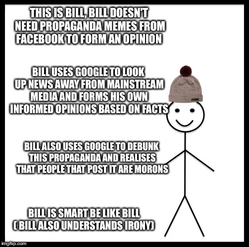 Be Like Bill Meme | THIS IS BILL, BILL DOESN'T NEED PROPAGANDA MEMES FROM FACEBOOK TO FORM AN OPINION; BILL USES GOOGLE TO LOOK UP NEWS AWAY FROM MAINSTREAM MEDIA AND FORMS HIS OWN INFORMED OPINIONS BASED ON FACTS; BILL ALSO USES GOOGLE TO DEBUNK THIS PROPAGANDA AND REALISES THAT PEOPLE THAT POST IT ARE MORONS; BILL IS SMART BE LIKE BILL ( BILL ALSO UNDERSTANDS IRONY) | image tagged in memes,be like bill | made w/ Imgflip meme maker