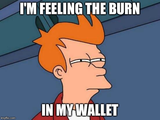 Futurama Fry Meme | I'M FEELING THE BURN; IN MY WALLET | image tagged in memes,futurama fry | made w/ Imgflip meme maker