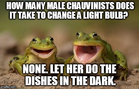 HOW MANY MALE CHAUVINISTS DOES IT TAKE TO CHANGE A LIGHT BULB? NONE. LET HER DO THE DISHES IN THE DARK. | made w/ Imgflip meme maker