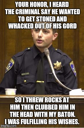 A little police humor from the other side. | YOUR HONOR, I HEARD THE CRIMINAL SAY HE WANTED TO GET STONED AND WHACKED OUT OF HIS GORD; SO I THREW ROCKS AT HIM THEN CLUBBED HIM IN THE HEAD WITH MY BATON. I WAS FULFILLING HIS WISHES. | image tagged in memes,police officer testifying,funny memes,confused criminal,why not | made w/ Imgflip meme maker