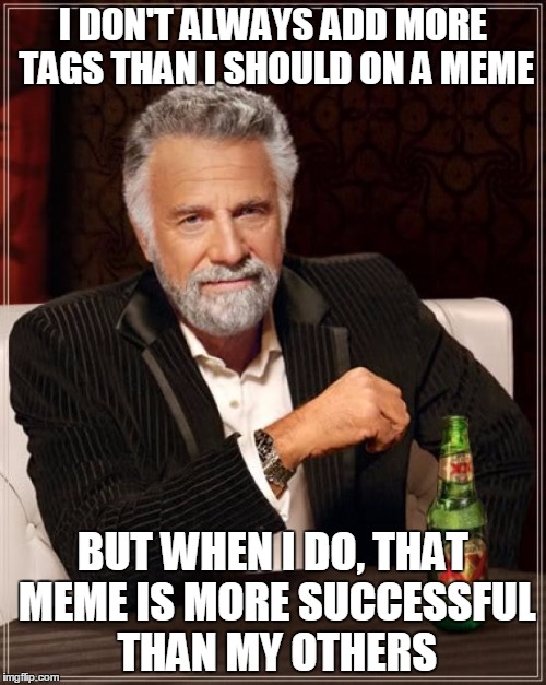 Saw this before. Felt like doing it | I DON'T ALWAYS ADD MORE TAGS THAN I SHOULD ON A MEME; BUT WHEN I DO, THAT MEME IS MORE SUCCESSFUL THAN MY OTHERS | image tagged in memes,the most interesting man in the world,bad luck brian,tags,disaster girl,scumbag steve | made w/ Imgflip meme maker