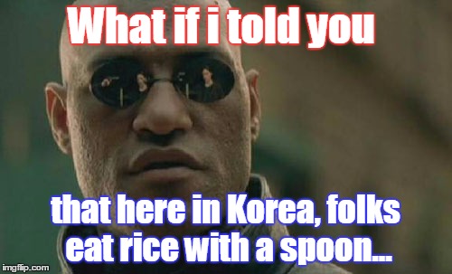 Matrix Morpheus Meme | What if i told you that here in Korea, folks eat rice with a spoon... | image tagged in memes,matrix morpheus | made w/ Imgflip meme maker