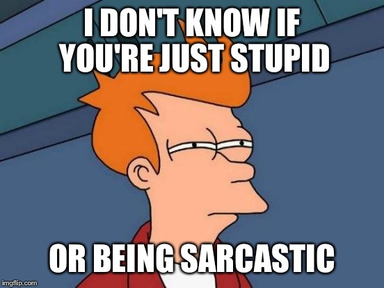 Futurama Fry | I DON'T KNOW IF YOU'RE JUST STUPID; OR BEING SARCASTIC | image tagged in memes,futurama fry | made w/ Imgflip meme maker