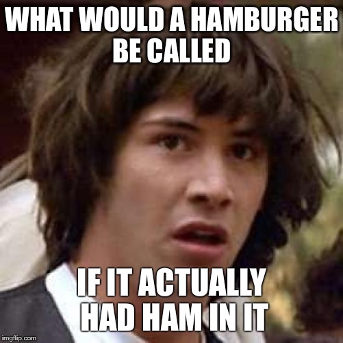 Conspiracy Keanu Meme | WHAT WOULD A HAMBURGER BE CALLED; IF IT ACTUALLY HAD HAM IN IT | image tagged in memes,conspiracy keanu | made w/ Imgflip meme maker