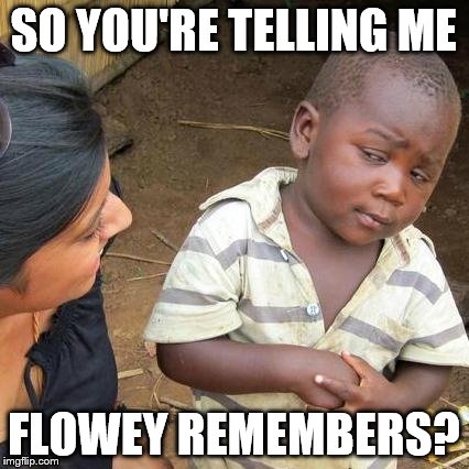 Third World Skeptical Kid | SO YOU'RE TELLING ME; FLOWEY REMEMBERS? | image tagged in memes,third world skeptical kid | made w/ Imgflip meme maker