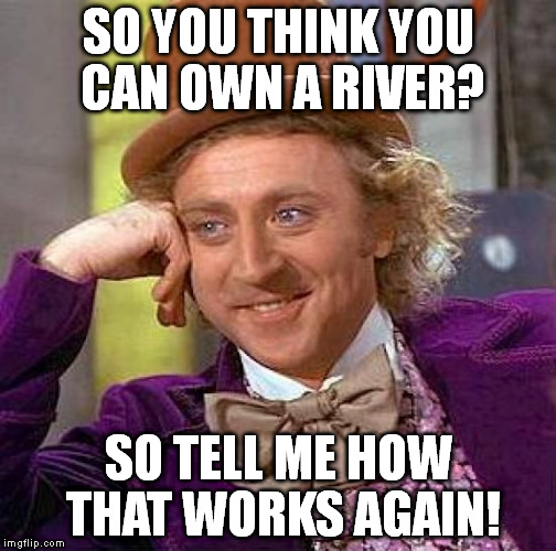 Creepy Condescending Wonka Meme | SO YOU THINK YOU CAN OWN A RIVER? SO TELL ME HOW THAT WORKS AGAIN! | image tagged in memes,creepy condescending wonka | made w/ Imgflip meme maker