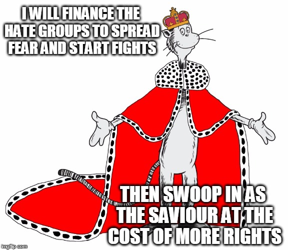 I WILL FINANCE THE HATE GROUPS TO SPREAD FEAR AND START FIGHTS; THEN SWOOP IN AS THE SAVIOUR AT THE COST OF MORE RIGHTS | image tagged in cat in the hat 4 | made w/ Imgflip meme maker