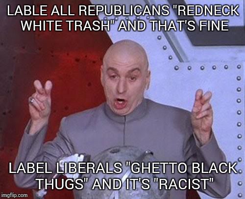 Dr Evil Laser Meme | LABLE ALL REPUBLICANS "REDNECK WHITE TRASH" AND THAT'S FINE LABEL LIBERALS "GHETTO BLACK THUGS" AND IT'S "RACIST" | image tagged in memes,dr evil laser | made w/ Imgflip meme maker