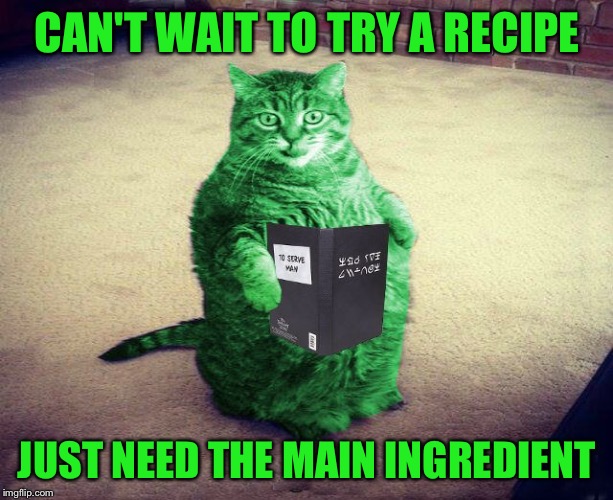 RayCat hungry | CAN'T WAIT TO TRY A RECIPE; JUST NEED THE MAIN INGREDIENT | image tagged in best raycat meme eva,memes | made w/ Imgflip meme maker