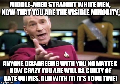 Picard Wtf | MIDDLE-AGED STRAIGHT WHITE MEN, NOW THAT YOU ARE THE VISIBLE MINORITY, ANYONE DISAGREEING WITH YOU NO MATTER HOW CRAZY YOU ARE WILL BE GUILTY OF HATE CRIMES. RUN WITH IT! IT'S YOUR TIME! | image tagged in memes,picard wtf | made w/ Imgflip meme maker