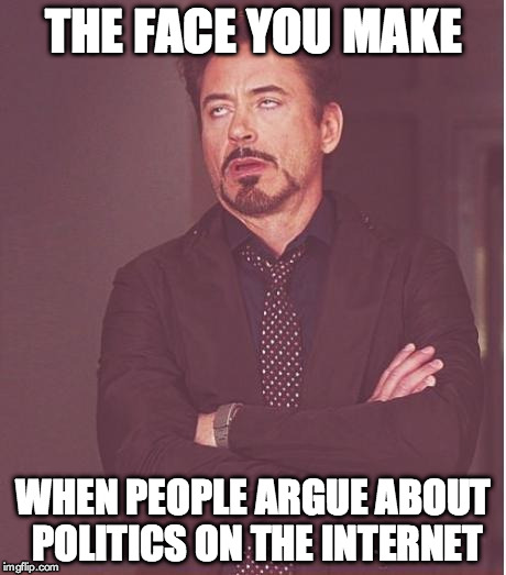 Face You Make Robert Downey Jr | THE FACE YOU MAKE; WHEN PEOPLE ARGUE ABOUT POLITICS ON THE INTERNET | image tagged in memes,face you make robert downey jr | made w/ Imgflip meme maker