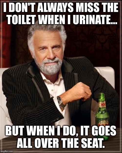 The Most Interesting Man In The World | I DON'T ALWAYS MISS THE TOILET WHEN I URINATE... BUT WHEN I DO, IT GOES ALL OVER THE SEAT. | image tagged in memes,the most interesting man in the world | made w/ Imgflip meme maker