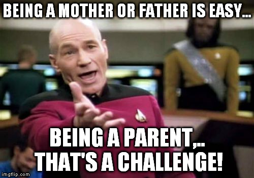 Picard Wtf Meme | BEING A MOTHER OR FATHER IS EASY... BEING A PARENT,.. THAT'S A CHALLENGE! | image tagged in memes,picard wtf | made w/ Imgflip meme maker