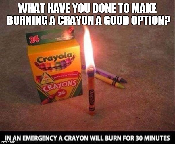 WHAT HAVE YOU DONE TO MAKE BURNING A CRAYON A GOOD OPTION? | image tagged in burning crayon | made w/ Imgflip meme maker