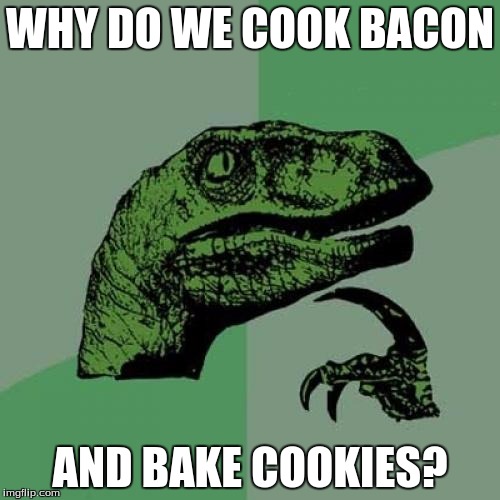 Philosoraptor | WHY DO WE COOK BACON; AND BAKE COOKIES? | image tagged in memes,philosoraptor | made w/ Imgflip meme maker