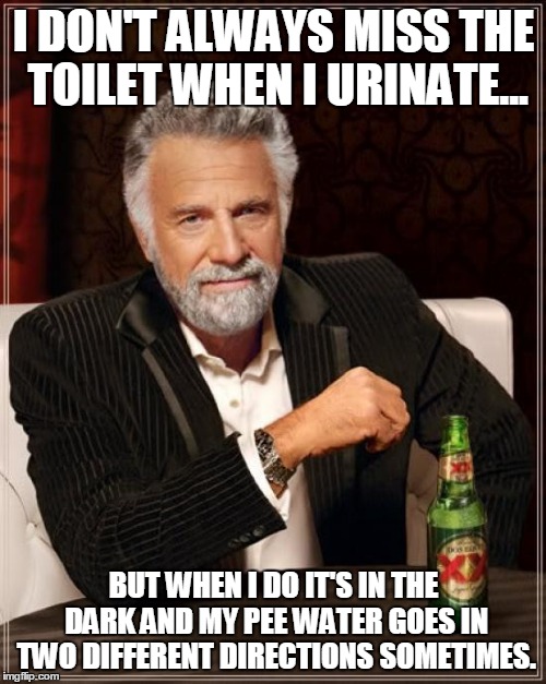 The Most Interesting Man In The World Meme | I DON'T ALWAYS MISS THE TOILET WHEN I URINATE... BUT WHEN I DO IT'S IN THE DARK AND MY PEE WATER GOES IN TWO DIFFERENT DIRECTIONS SOMETIMES. | image tagged in memes,the most interesting man in the world | made w/ Imgflip meme maker