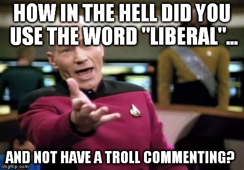 Picard Wtf Meme | HOW IN THE HELL DID YOU USE THE WORD "LIBERAL"... AND NOT HAVE A TROLL COMMENTING? | image tagged in memes,picard wtf | made w/ Imgflip meme maker