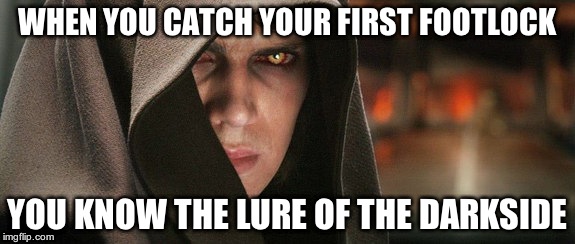 WHEN YOU CATCH YOUR FIRST FOOTLOCK; YOU KNOW THE LURE OF THE DARKSIDE | image tagged in anakin | made w/ Imgflip meme maker
