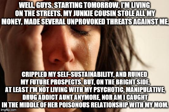 So, I Won't Be Around Much. Sorry. | WELL, GUYS. STARTING TOMORROW, I'M LIVING ON THE STREETS. MY JUNKIE COUSIN STOLE ALL MY MONEY, MADE SEVERAL UNPROVOKED THREATS AGAINST ME, CRIPPLED MY SELF-SUSTAINABILITY, AND RUINED MY FUTURE PROSPECTS. BUT, ON THE BRIGHT SIDE, AT LEAST I'M NOT LIVING WITH MY PSYCHOTIC, MANIPULATIVE, DRUG ADDICT AUNT ANYMORE, NOR AM I CAUGHT IN THE MIDDLE OF HER POISONOUS RELATIONSHIP WITH MY MOM. | image tagged in memes,first world problems | made w/ Imgflip meme maker