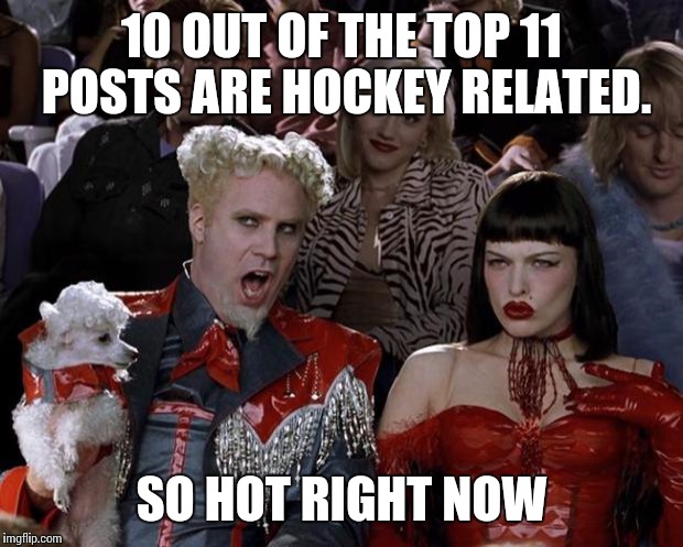 Mugatu So Hot Right Now Meme | 10 OUT OF THE TOP 11 POSTS ARE HOCKEY RELATED. SO HOT RIGHT NOW | image tagged in memes,mugatu so hot right now | made w/ Imgflip meme maker