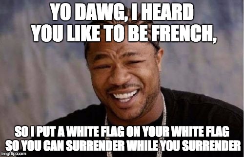 Yo Dawg | YO DAWG, I HEARD YOU LIKE TO BE FRENCH, SO I PUT A WHITE FLAG ON YOUR WHITE FLAG SO YOU CAN SURRENDER WHILE YOU SURRENDER | image tagged in memes,yo dawg heard you | made w/ Imgflip meme maker