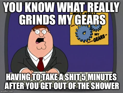 Peter Griffin News Meme | YOU KNOW WHAT REALLY GRINDS MY GEARS; HAVING TO TAKE A SHIT 5 MINUTES AFTER YOU GET OUT OF THE SHOWER | image tagged in memes,peter griffin news,AdviceAnimals | made w/ Imgflip meme maker
