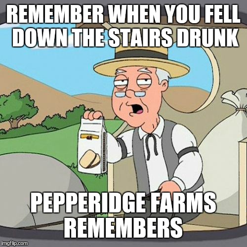 Pepperidge Farm Remembers Meme | REMEMBER WHEN YOU FELL DOWN THE STAIRS DRUNK; PEPPERIDGE FARMS REMEMBERS | image tagged in memes,pepperidge farm remembers | made w/ Imgflip meme maker